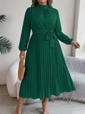 Women's Maxi Dress with Pleated Skirt and Waist Belt - High Neck, Long Sleeve