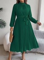 Women's Maxi Dress with Pleated Skirt and Waist Belt - High Neck, Long Sleeve