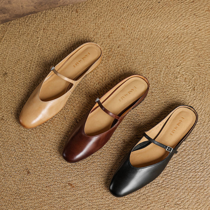 Women's Genuine Leather Mules with Mary Jane Strap
