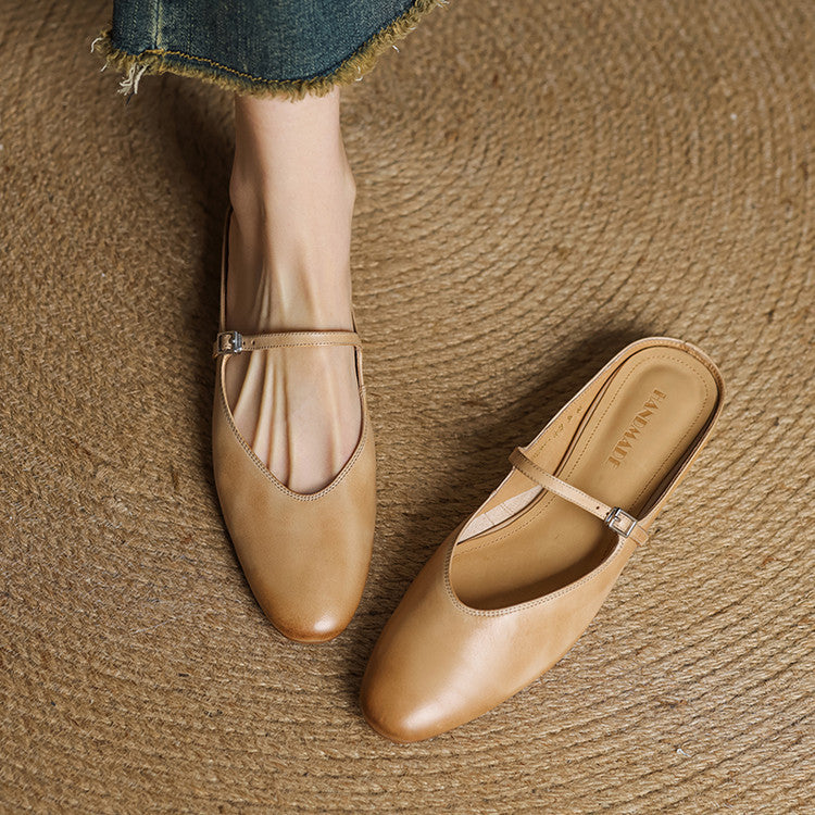 Women's Genuine Leather Mules with Mary Jane Strap