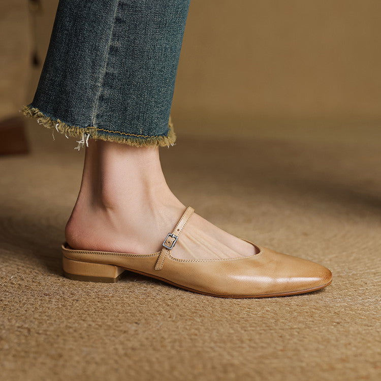Women's Genuine Leather Mules with Mary Jane Strap
