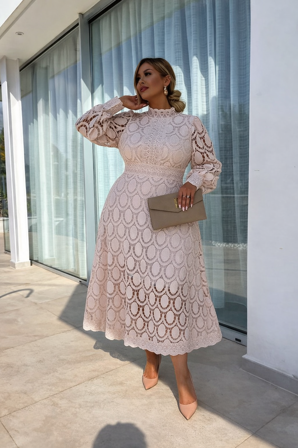Women's Lace Dress - Fitted Cocktail Dress with Maxi Length