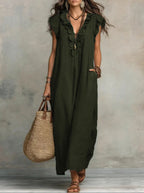 Women's Maxi Dress - Flowing Linen-Cotton Blend with Ruffle Detail