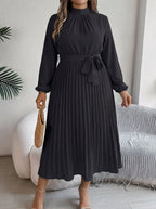 Women's Maxi Dress with Pleated Skirt and Waist Belt - High Neck, Long Sleeve