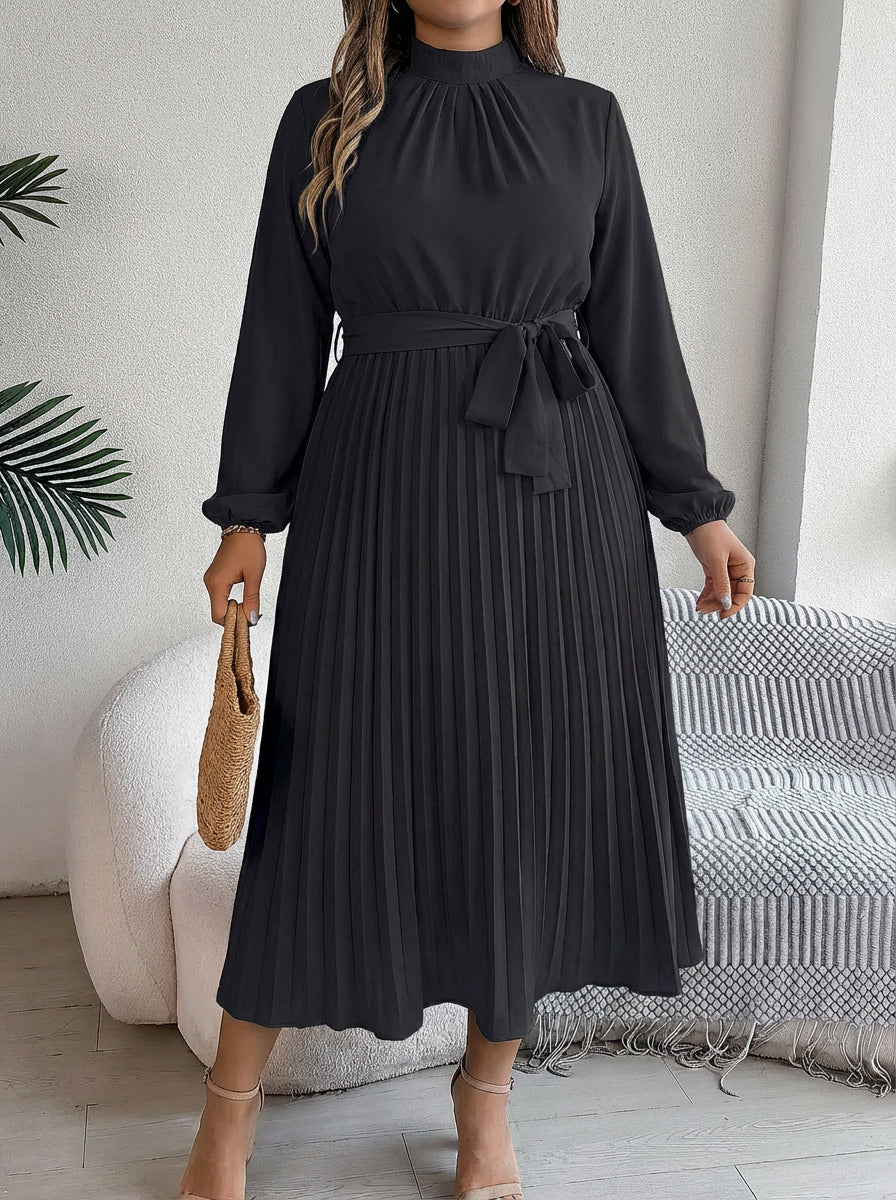 Women's Maxi Dress with Pleated Skirt and Waist Belt - High Neck, Long Sleeve