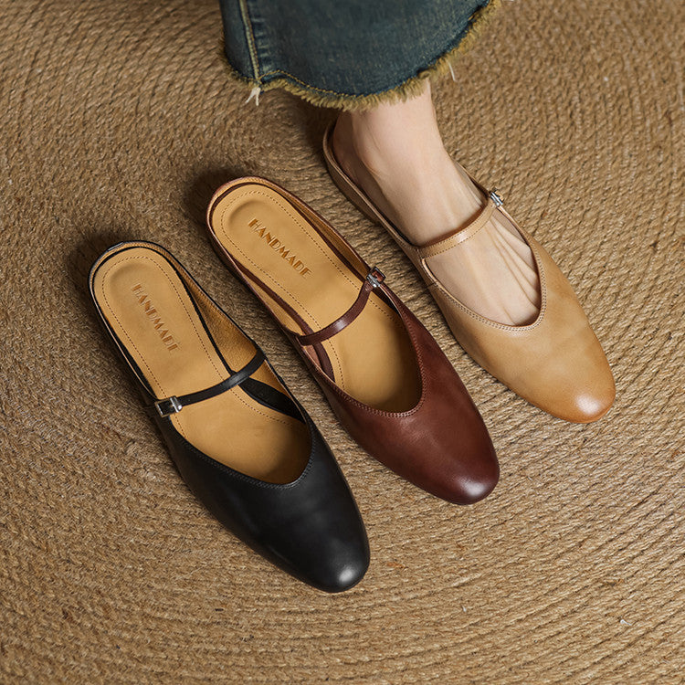 Women's Genuine Leather Mules with Mary Jane Strap
