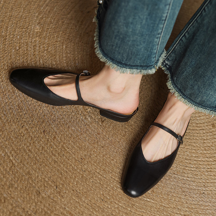Women's Genuine Leather Mules with Mary Jane Strap