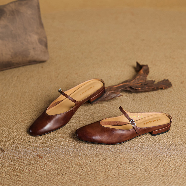 Women's Genuine Leather Mules with Mary Jane Strap