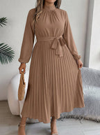 Women's Maxi Dress with Pleated Skirt and Waist Belt - High Neck, Long Sleeve