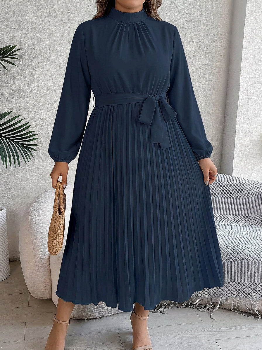 Women's Maxi Dress with Pleated Skirt and Waist Belt - High Neck, Long Sleeve