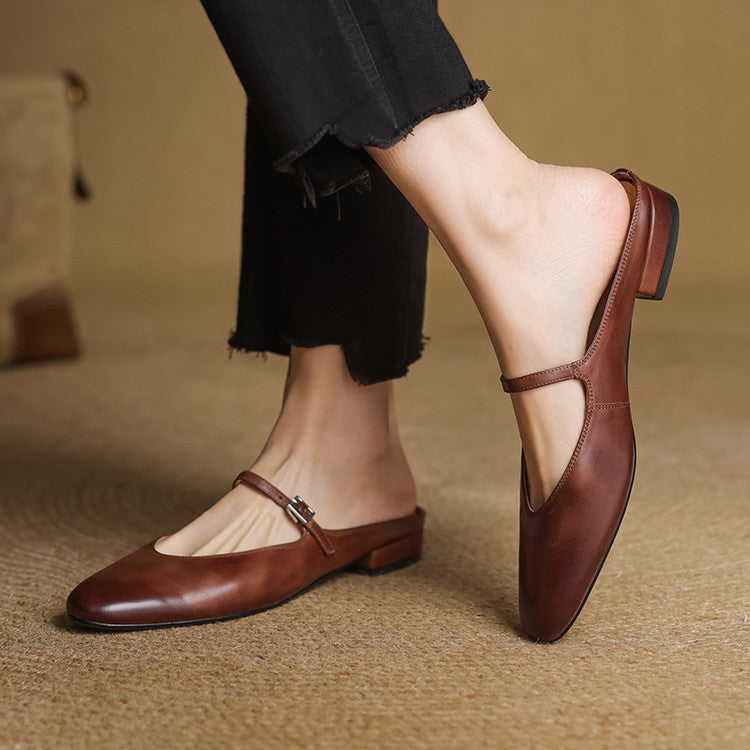 Women's Genuine Leather Mules with Mary Jane Strap