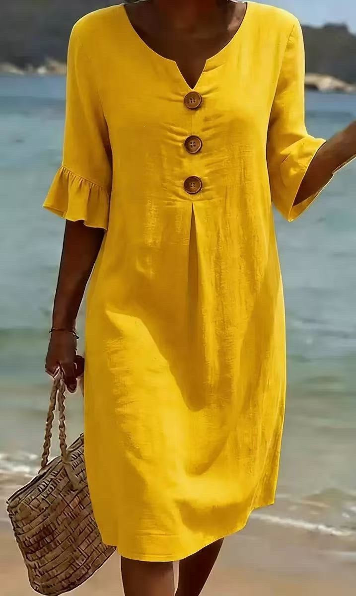 Women's Loose Fit Button-Front Dress with Flowing Sleeves
