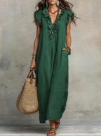 Women's Maxi Dress - Flowing Linen-Cotton Blend with Ruffle Detail