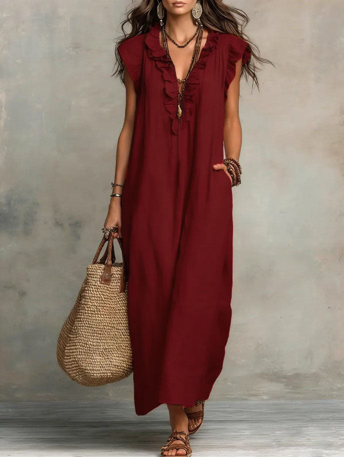 Women's Maxi Dress - Flowing Linen-Cotton Blend with Ruffle Detail