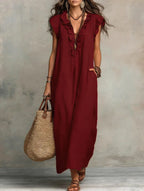 Women's Maxi Dress - Flowing Linen-Cotton Blend with Ruffle Detail