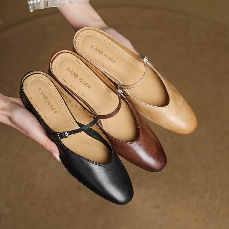 Women's Genuine Leather Mules with Mary Jane Strap