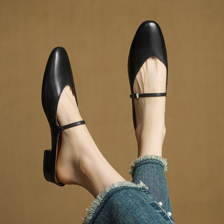 Women's Genuine Leather Mules with Mary Jane Strap