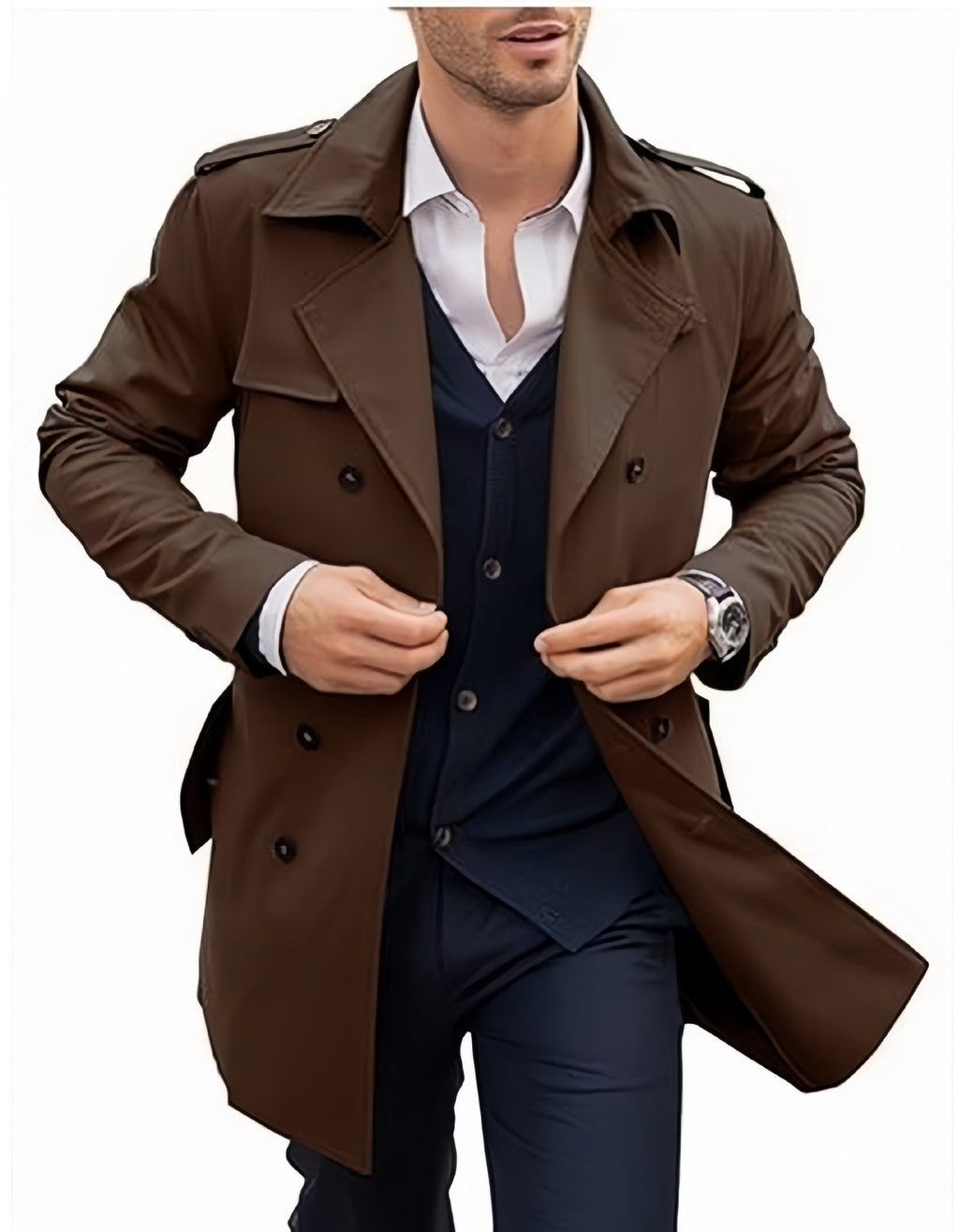 Men's Trench Coat Double-Breasted Tailored Mid-Length