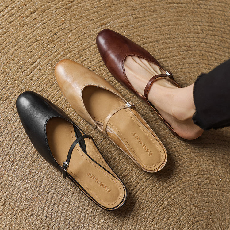 Women's Genuine Leather Mules with Mary Jane Strap