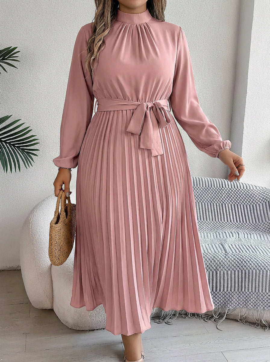 Women's Maxi Dress with Pleated Skirt and Waist Belt - High Neck, Long Sleeve
