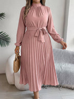 Women's Maxi Dress with Pleated Skirt and Waist Belt - High Neck, Long Sleeve