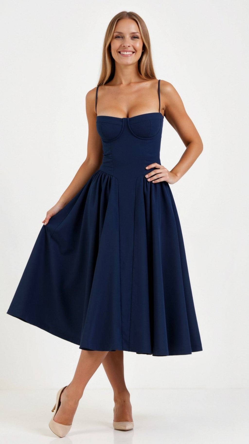 Women's Floral Sweetheart Midi Dress with Gathered Skirt