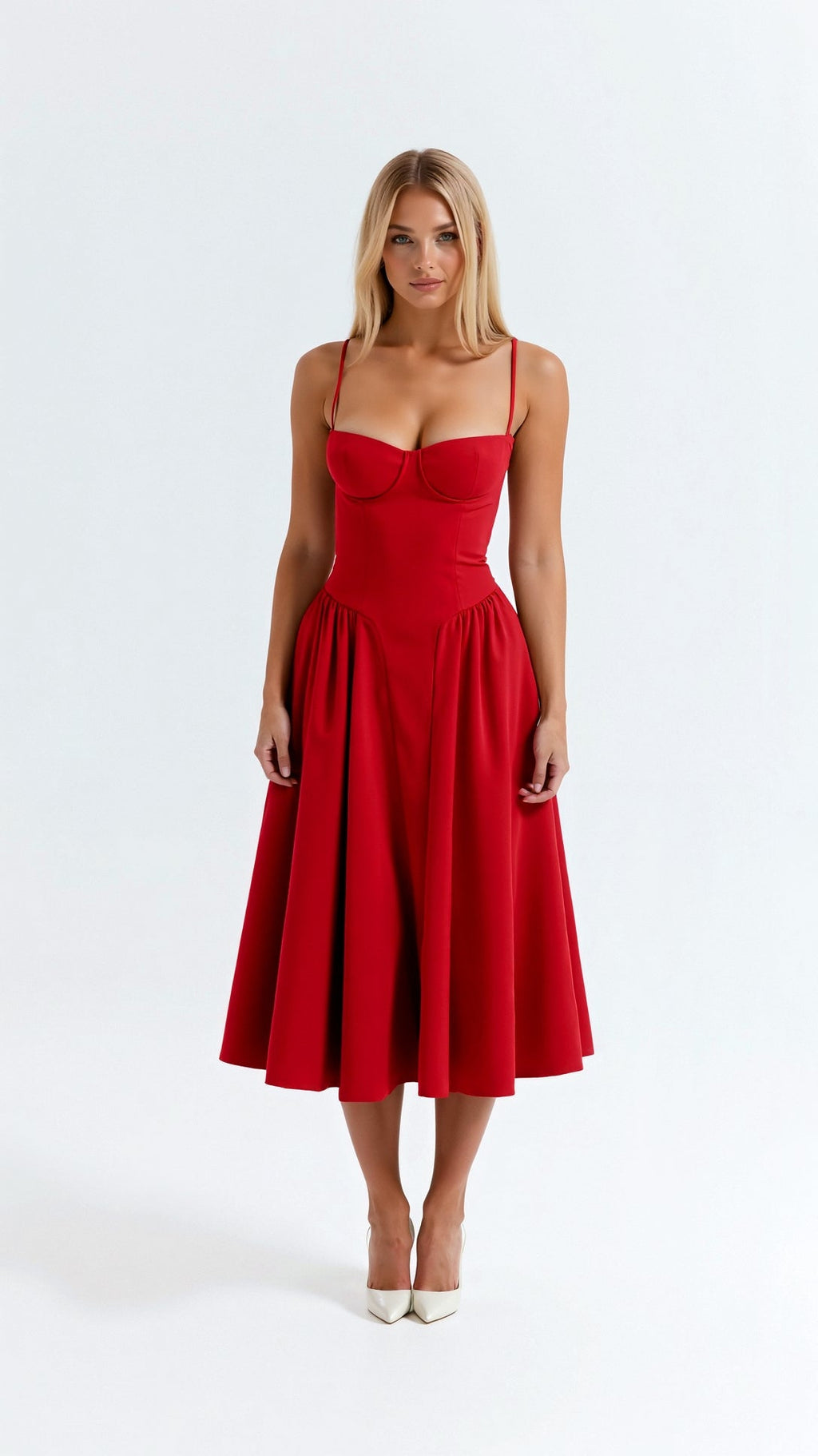 Women's Floral Sweetheart Midi Dress with Gathered Skirt