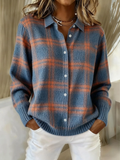 Women's Knitted Blouse with Check Pattern - Blue & Rust