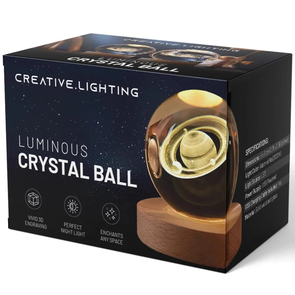3D Engraved Crystal Ball Night Light – Wood & Glass LED Lamp