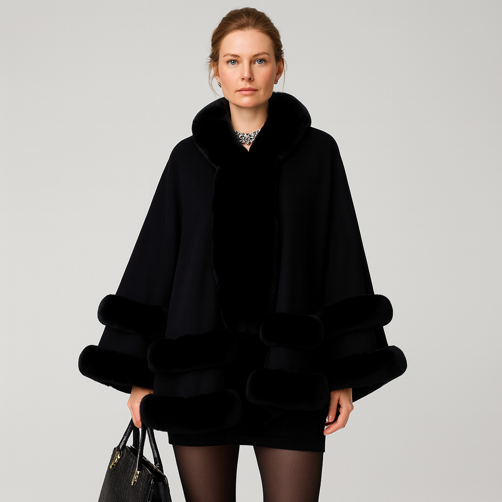 Women's Winter Coats Cape Style with Faux Fur Trim Shawl Collar