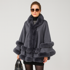 Women's Winter Coats Cape Style with Faux Fur Trim Shawl Collar