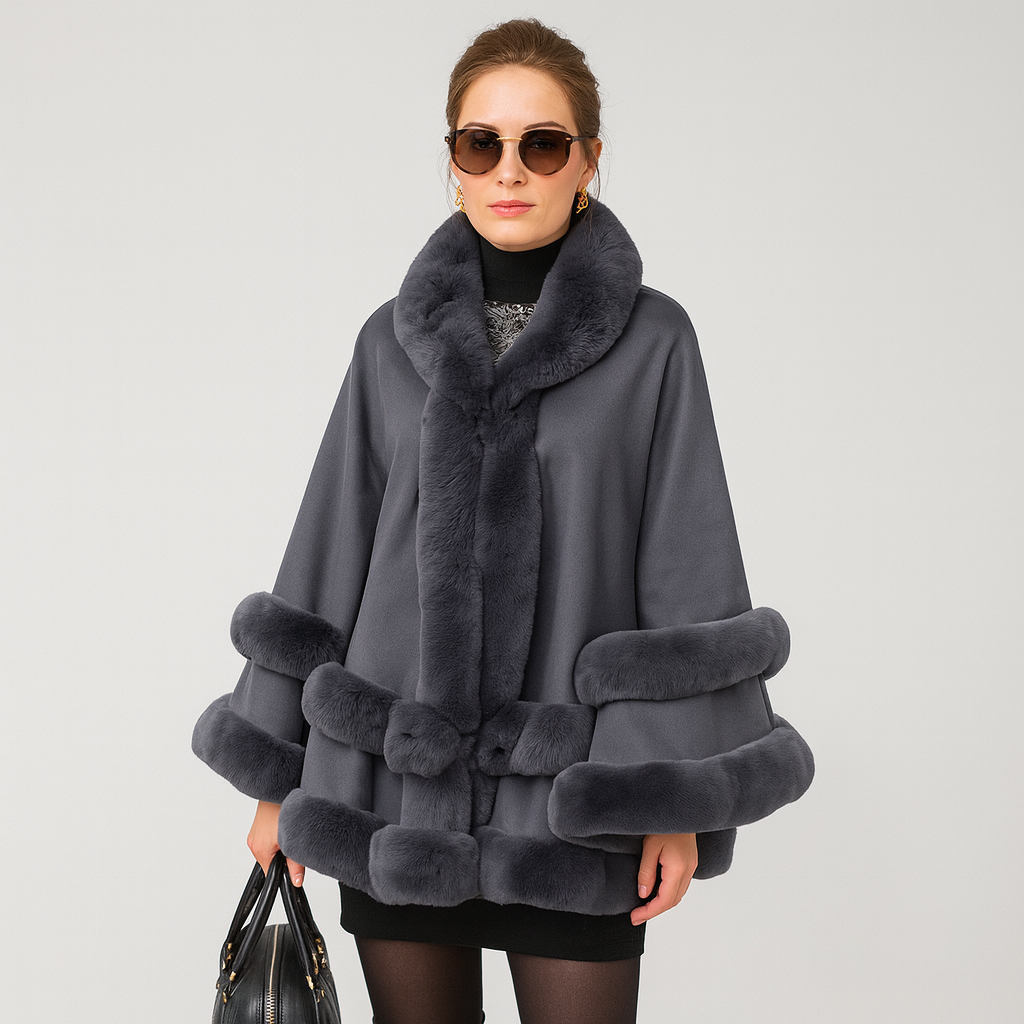 Women's Winter Coats Cape Style with Faux Fur Trim Shawl Collar