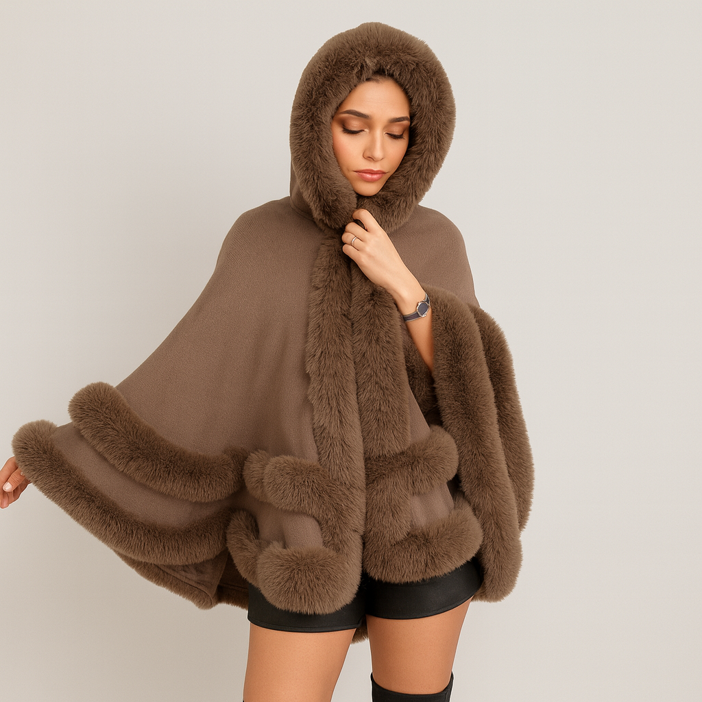 Women's Winter Coats Cape Style with Faux Fur Trim Shawl Collar