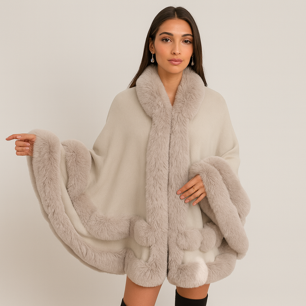 Women's Winter Coats Cape Style with Faux Fur Trim Shawl Collar