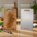Premium Stainless Steel Chopping Board on a kitchen counter; two boards visible, Nordic Essentials and a wooden board.