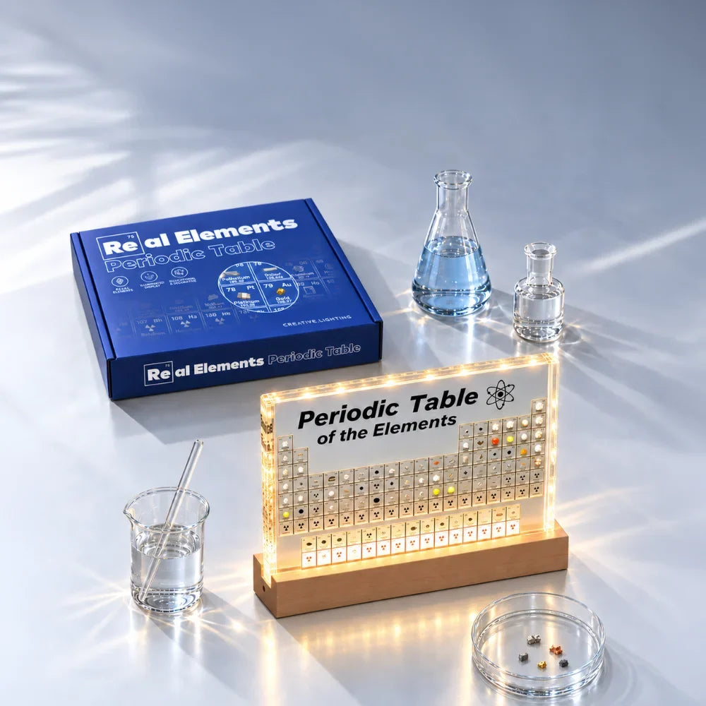 Periodic Table Display with 83 Real Elements - LED Illuminated Acrylic Case