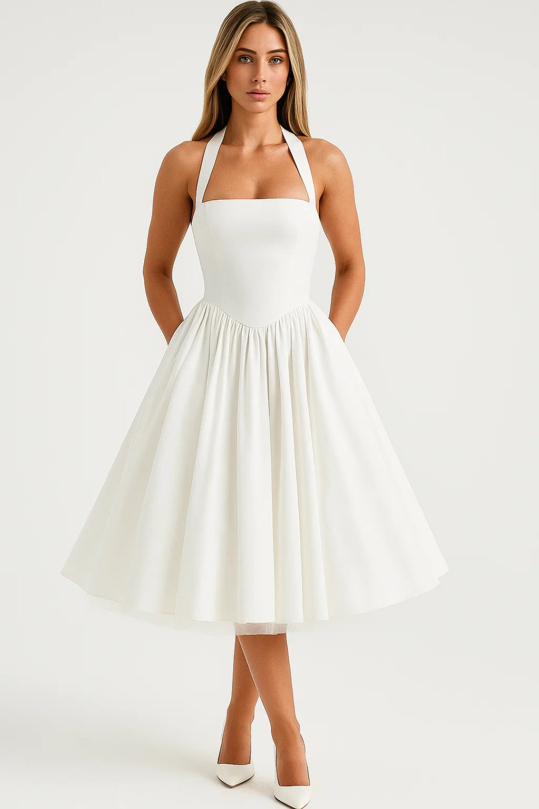 Women's Halter Midi Dress - Backless Wedding Guest Dress with Full Skirt