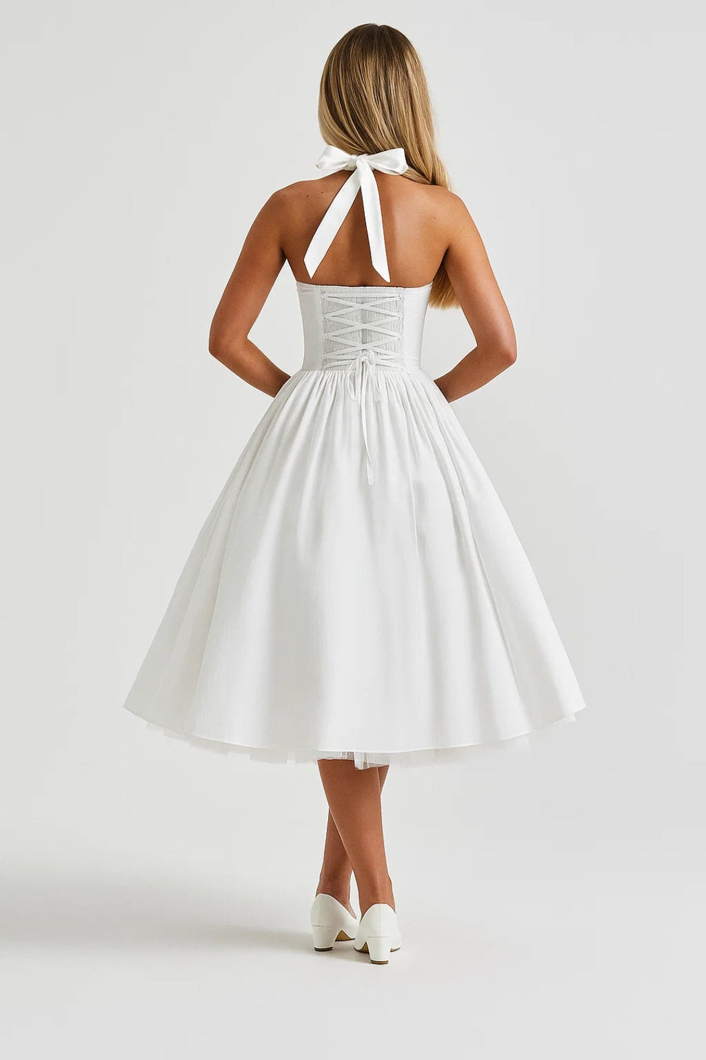 Women's Halter Midi Dress - Backless Wedding Guest Dress with Full Skirt