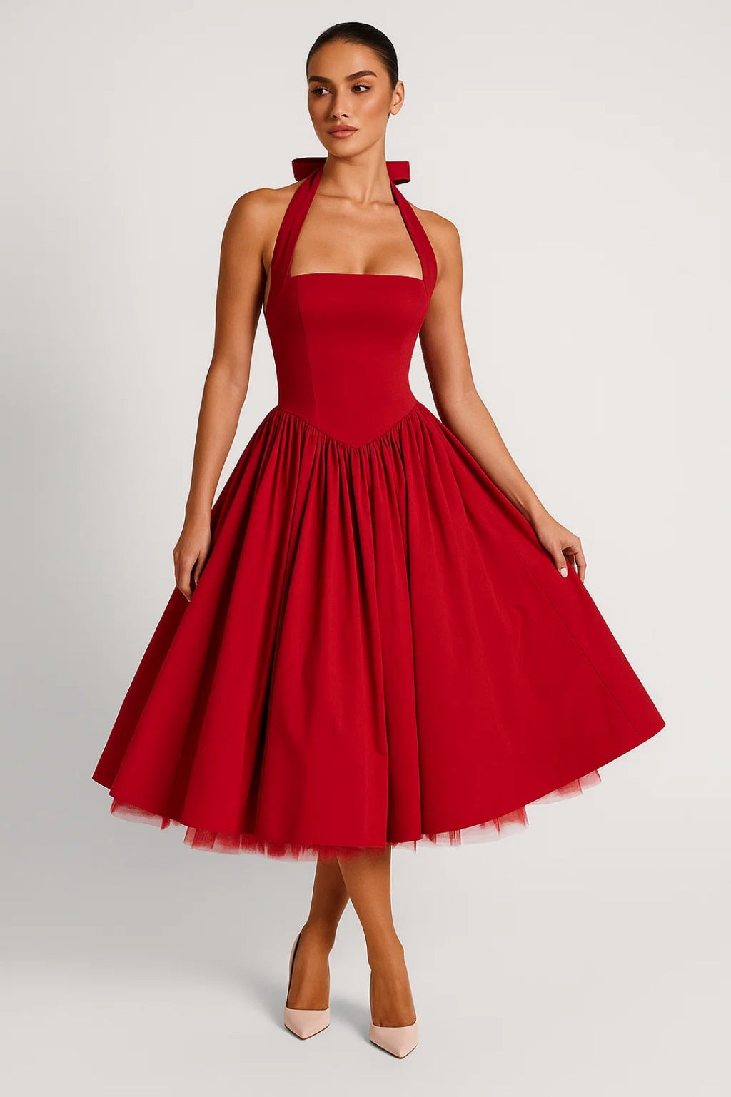 Women's Halter Midi Dress - Backless Wedding Guest Dress with Full Skirt
