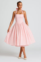 Women's Halter Midi Dress - Backless Wedding Guest Dress with Full Skirt