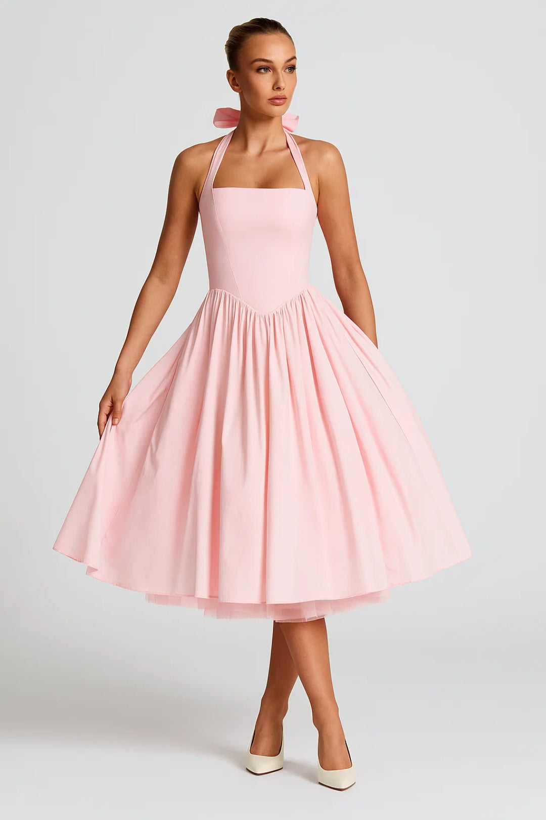 Women's Halter Midi Dress - Backless Wedding Guest Dress with Full Skirt