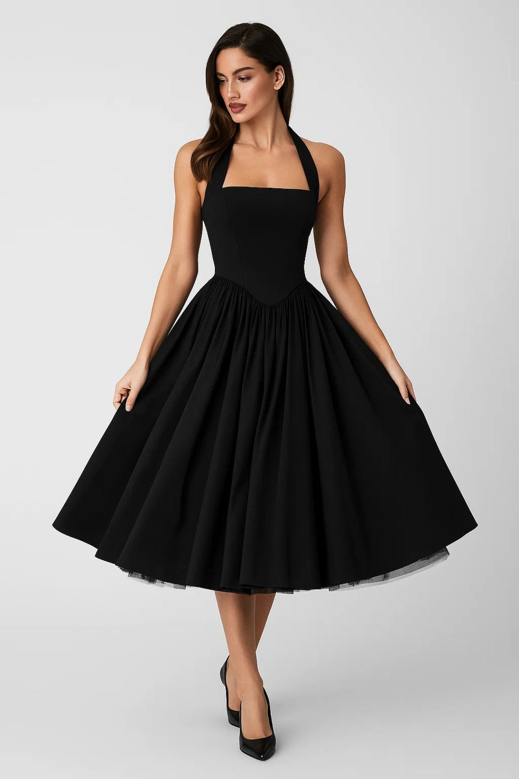 Women's Halter Midi Dress - Backless Wedding Guest Dress with Full Skirt