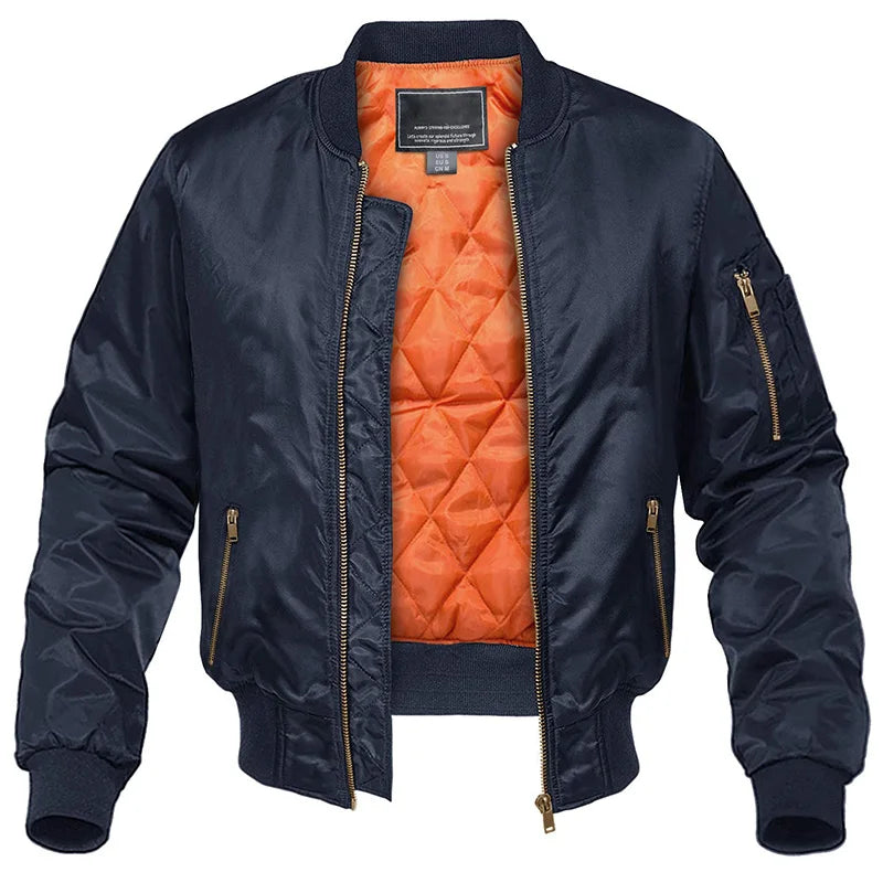 Men's Quilted Bomber Jacket with Zip Closure and Pockets
