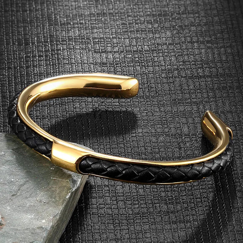 Men's Braided Leather Cuff Bracelet with Stainless Steel Clasp