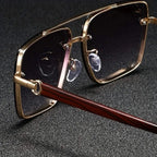 Square Metal Sunglasses with Wooden-Finish Arms