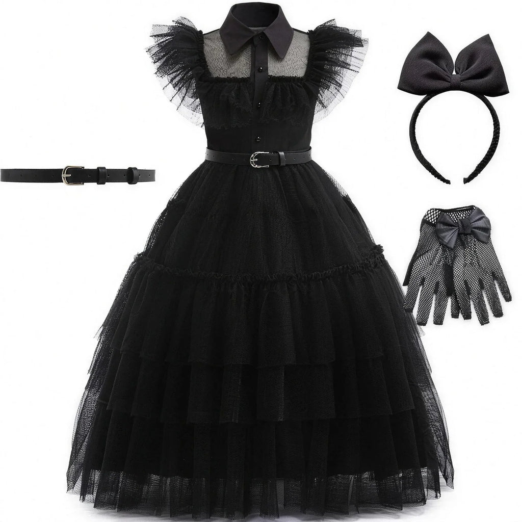 Wednesday Addams costume with signature bow headband and fishnet gloves bundle