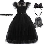 Wednesday Addams costume with signature bow headband and fishnet gloves bundle