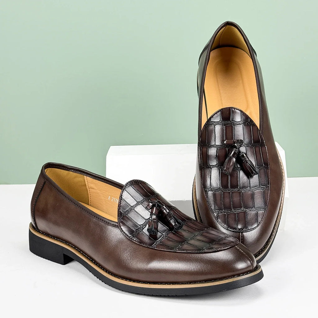 Men's Leather Tassel Loafer with Croc-Embossed Vamp