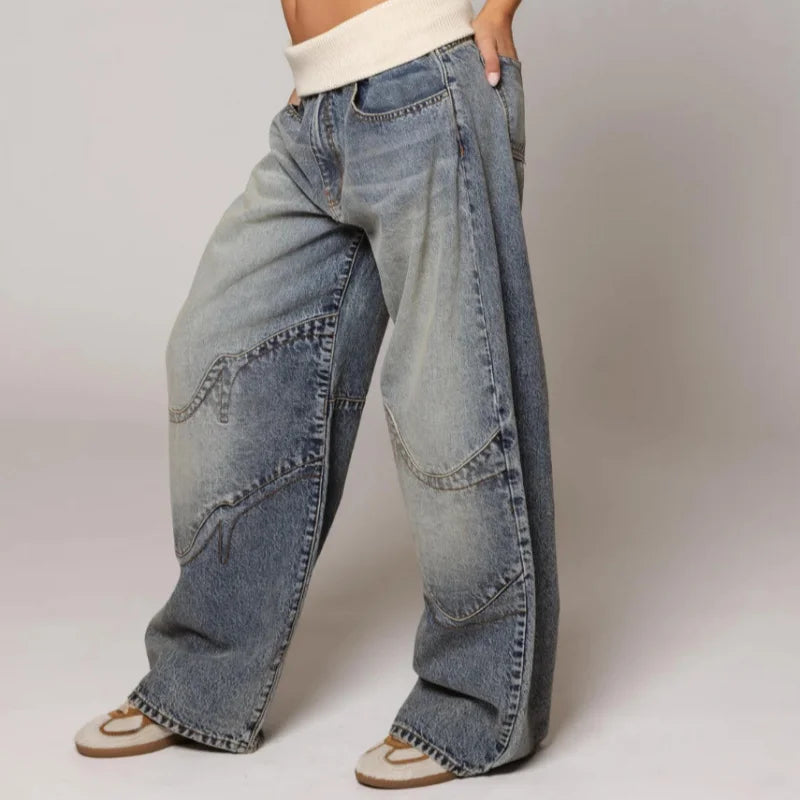 Women's Baggy Wide-Leg Jeans – Stretch Denim with Ribbed Waistband