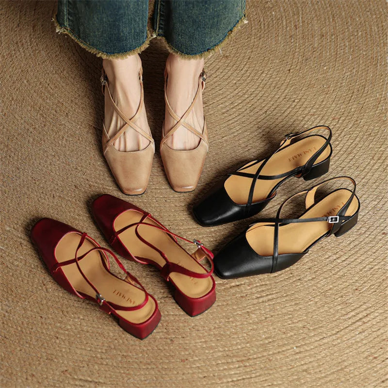 Women's Leather High Heels - Closed Toe Block Heel Shoes